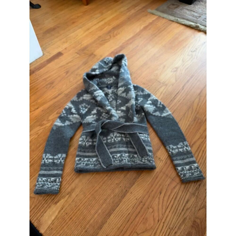 GAP Women’s Lambswool Hooded Belted Cardigan Sweater Gray Fair Isle Size XS